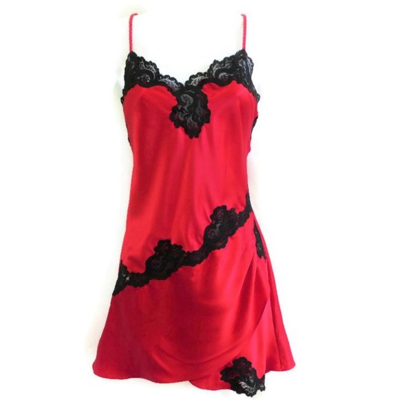 Victoria's Secret Other - Victoria's Secret Gold Label Lingerie Red Satin Black Lace Slip S